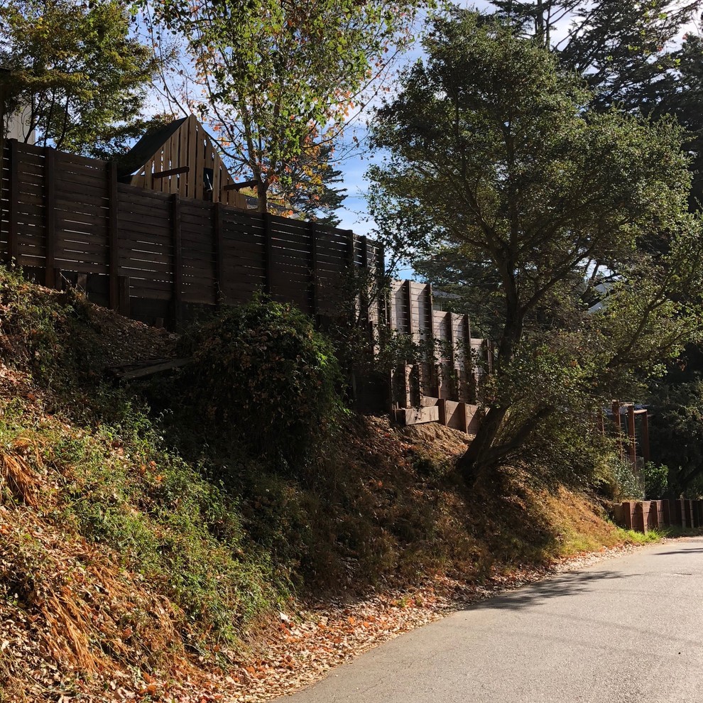 Mittelgroßer, Halbschattiger Moderner Kiesgarten im Herbst, hinter dem Haus mit Spielgerät in San Francisco