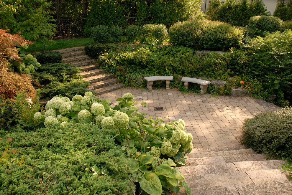 Ispirazione per un giardino classico dietro casa con scale
