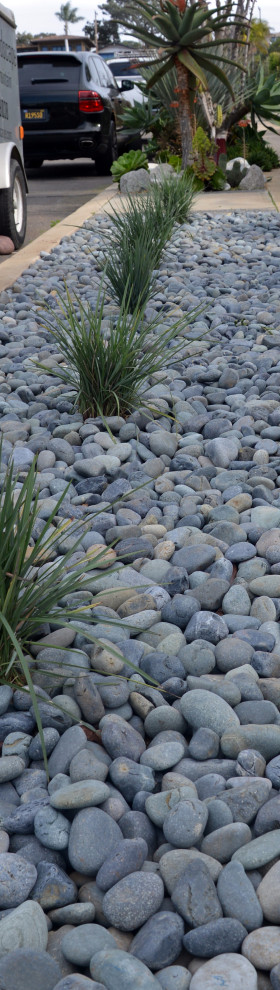 На фото: солнечный засухоустойчивый сад на переднем дворе в стиле кантри с камнем в ландшафтном дизайне, хорошей освещенностью и покрытием из гальки с