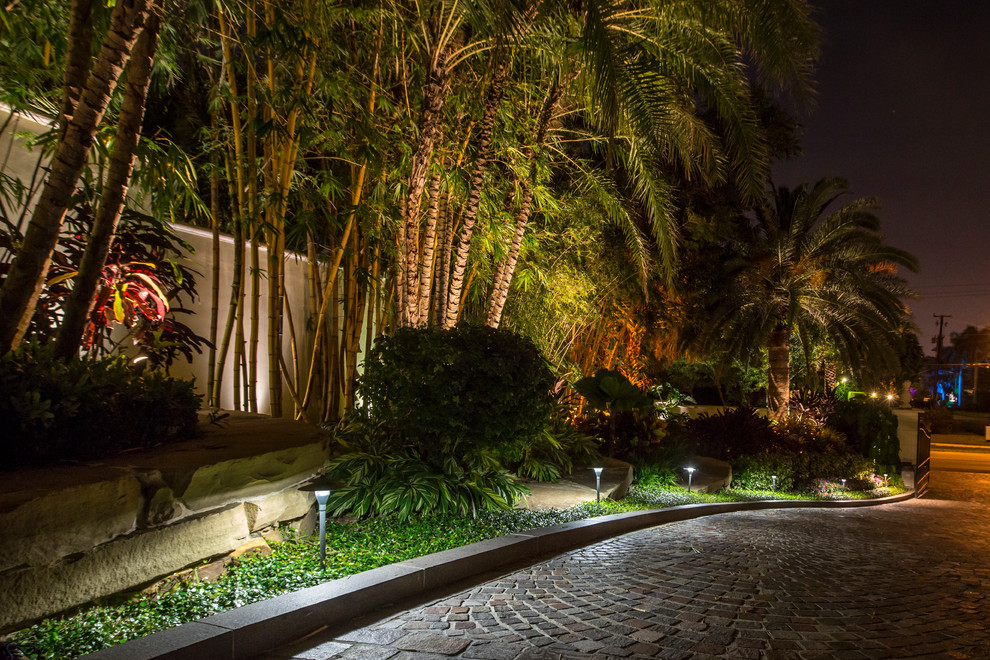 Esempio di un ampio vialetto d'ingresso tropicale esposto in pieno sole davanti casa in estate con un ingresso o sentiero e pavimentazioni in mattoni