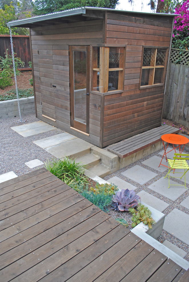 Geometrischer, Kleiner, Halbschattiger Moderner Garten im Sommer, hinter dem Haus in San Francisco