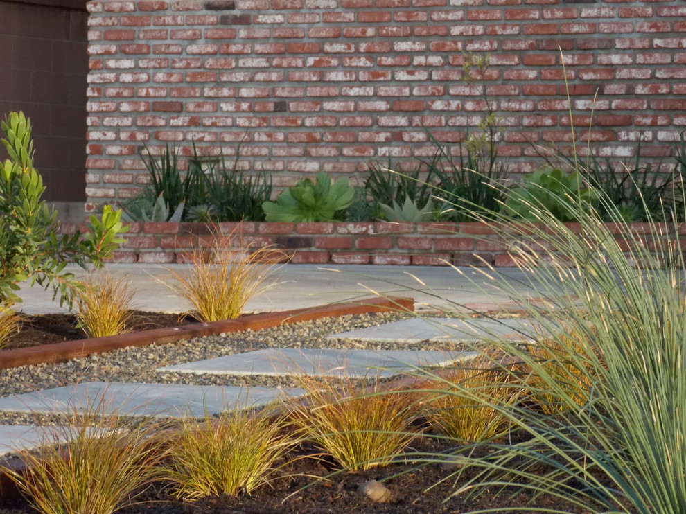 This is an example of a beach style front xeriscape full sun garden for spring in Orange County with concrete paving.