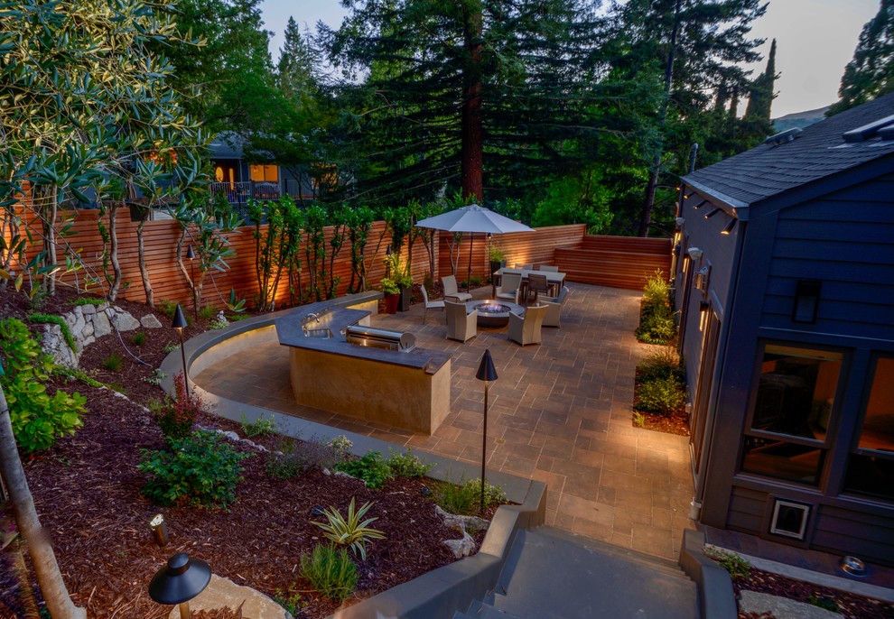 Design ideas for a mid-sized modern partial sun side yard concrete paver landscaping in San Francisco with a fire pit.