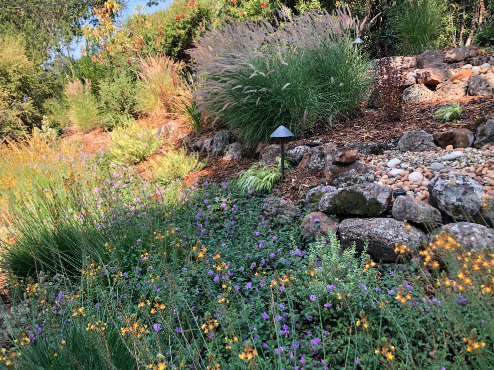 Esempio di un grande giardino stile americano esposto a mezz'ombra dietro casa in primavera con sassi e rocce, pavimentazioni in pietra naturale e recinzione in legno