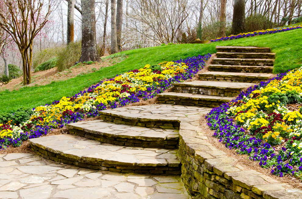Foto di un giardino tradizionale con pavimentazioni in pietra naturale e scale