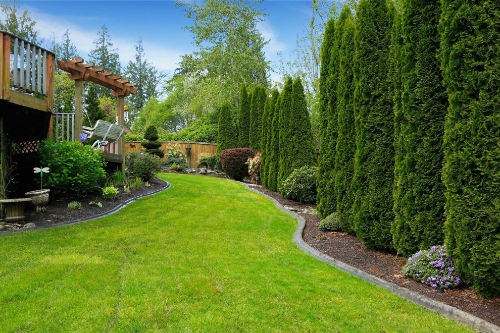 Свежая идея для дизайна: весенний участок и сад среднего размера на заднем дворе в классическом стиле с полуденной тенью и мощением тротуарной плиткой - отличное фото интерьера