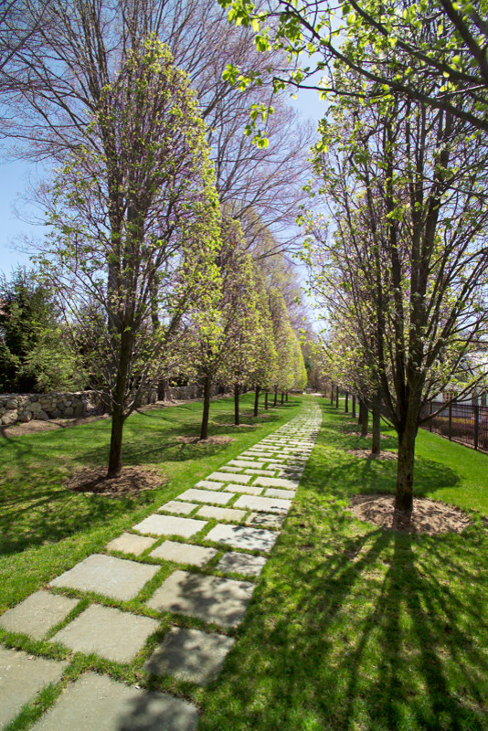 Foto di un ampio giardino formale tradizionale esposto a mezz'ombra davanti casa in primavera con un ingresso o sentiero e pavimentazioni in pietra naturale
