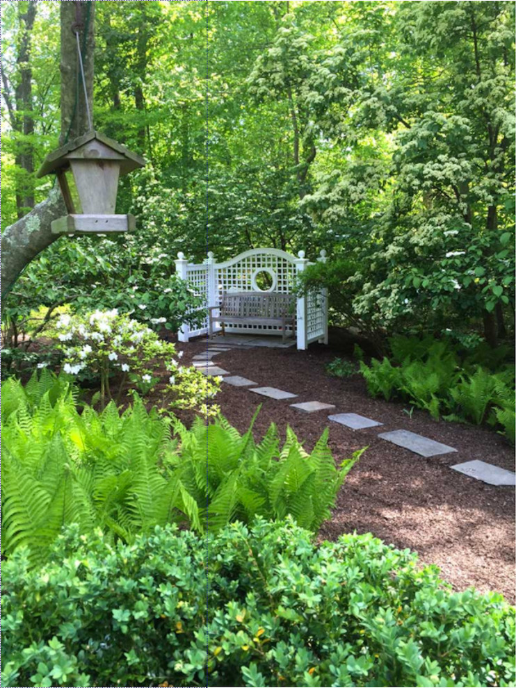 Cette photo montre un aménagement d'entrée ou allée de jardin arrière chic de taille moyenne avec une exposition partiellement ombragée et un paillis.