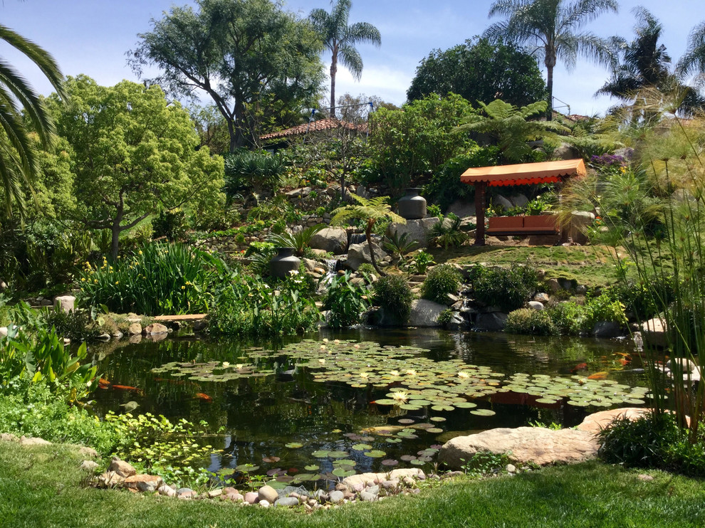 サンディエゴにあるラグジュアリーな巨大な、夏のトラディショナルスタイルのおしゃれな整形庭園 (池、日向、傾斜地、天然石敷き) の写真