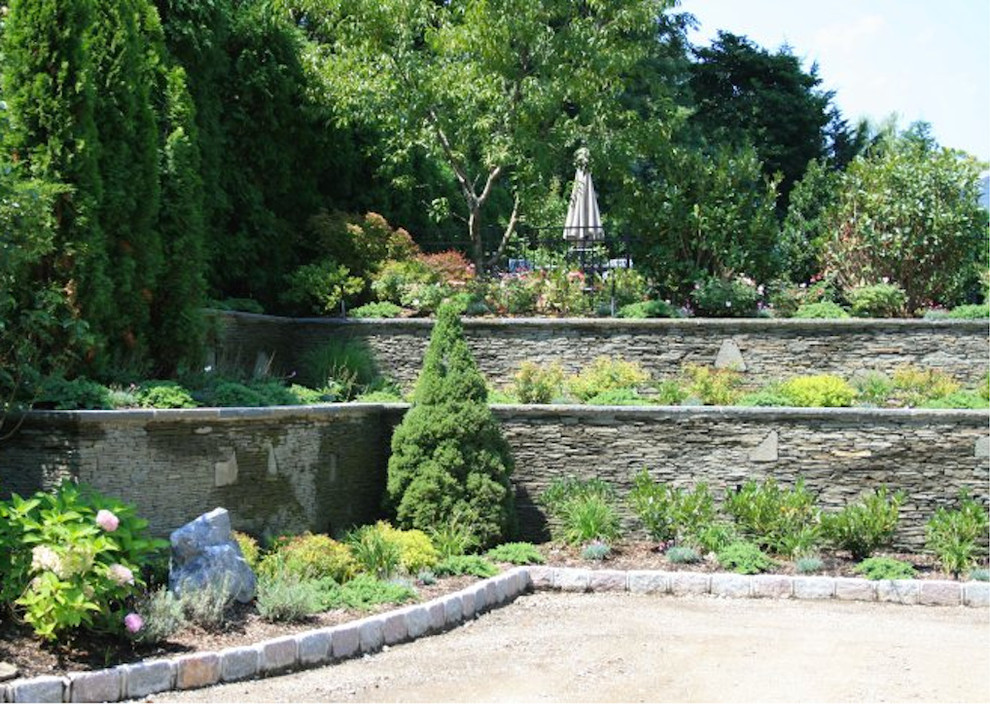 Foto di un grande giardino formale mediterraneo esposto a mezz'ombra dietro casa in primavera con un muro di contenimento e ghiaia