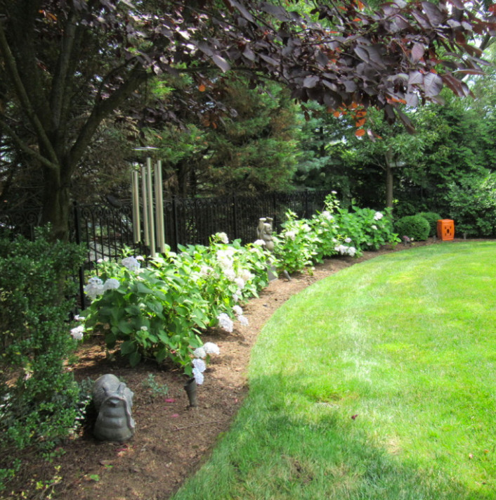 Идея дизайна: большой весенний участок и сад на заднем дворе в классическом стиле с полуденной тенью и мульчированием
