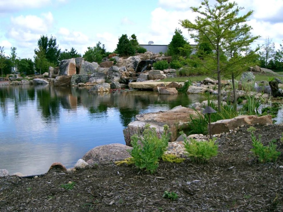 Foto di un grande laghetto da giardino contemporaneo esposto in pieno sole dietro casa in estate con pavimentazioni in pietra naturale