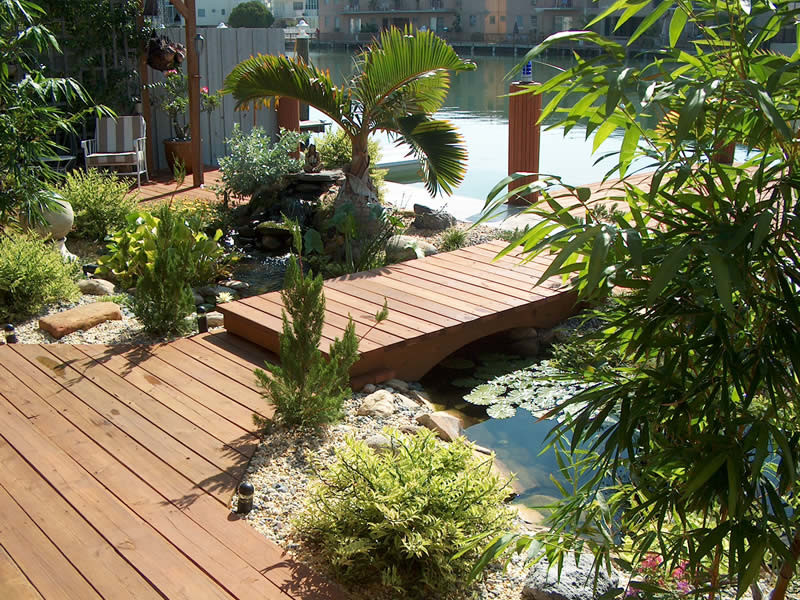 Inspiration for a mid-sized asian full sun backyard pond in Miami with decking for spring.