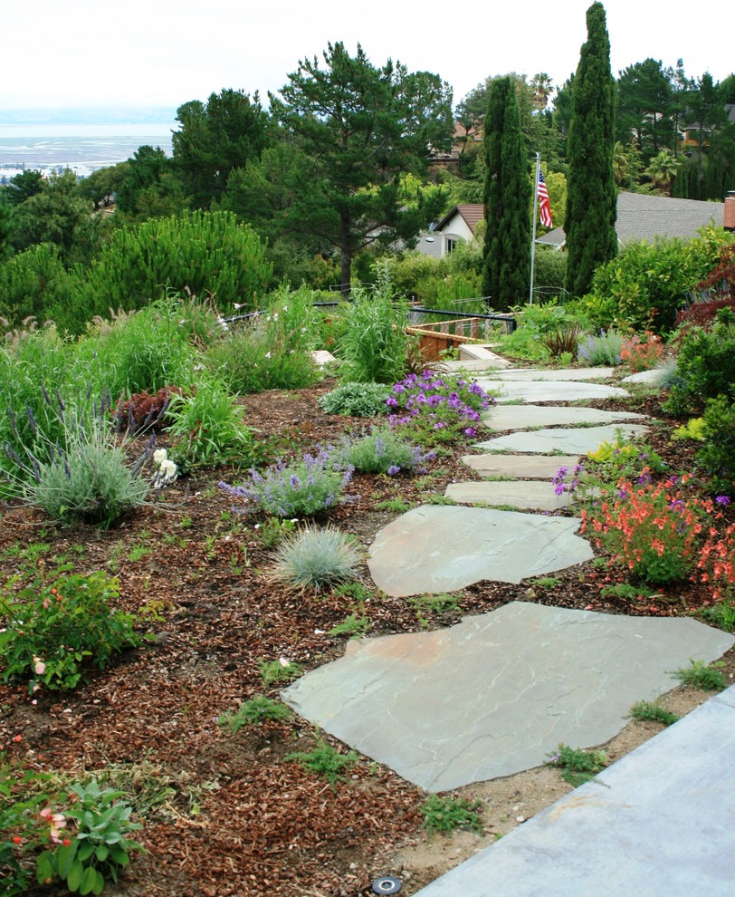 Esempio di un giardino minimal esposto in pieno sole dietro casa con un ingresso o sentiero e pavimentazioni in pietra naturale