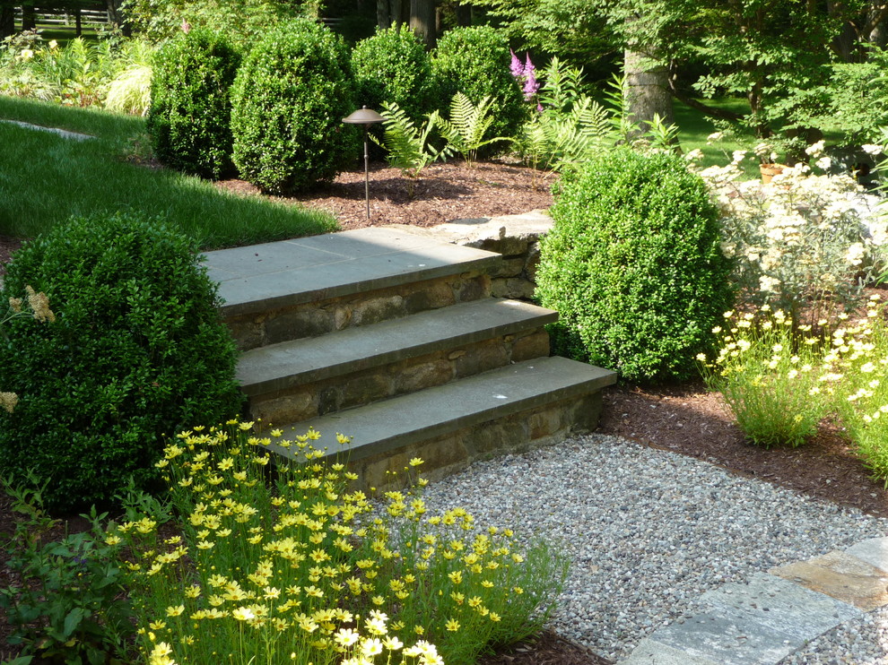 Photo of a mid-sized transitional shade backyard gravel garden path in New York for summer.