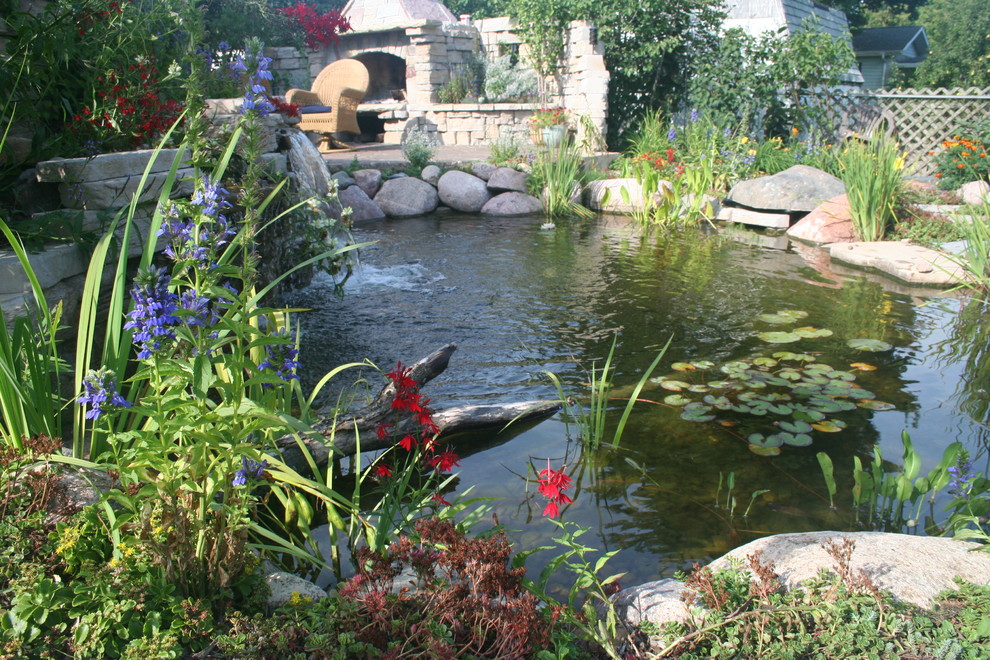 Пример оригинального дизайна: солнечный сад с прудом среднего размера на боковом дворе в современном стиле с хорошей освещенностью