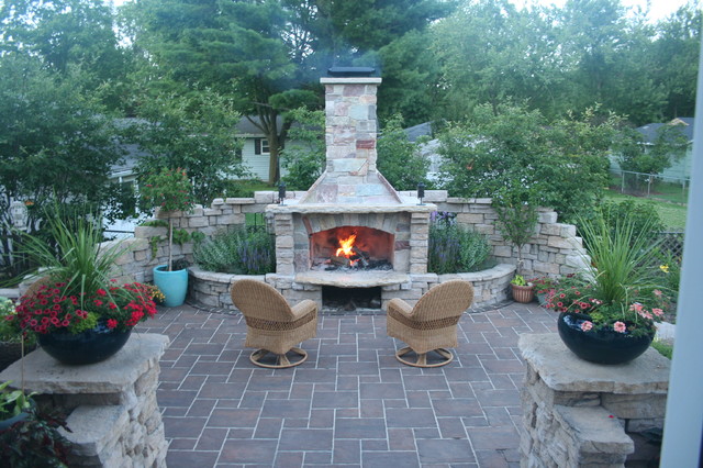 Outdoor Fireplace Patio And Pond, Outdoor Fireplace Landscape Design