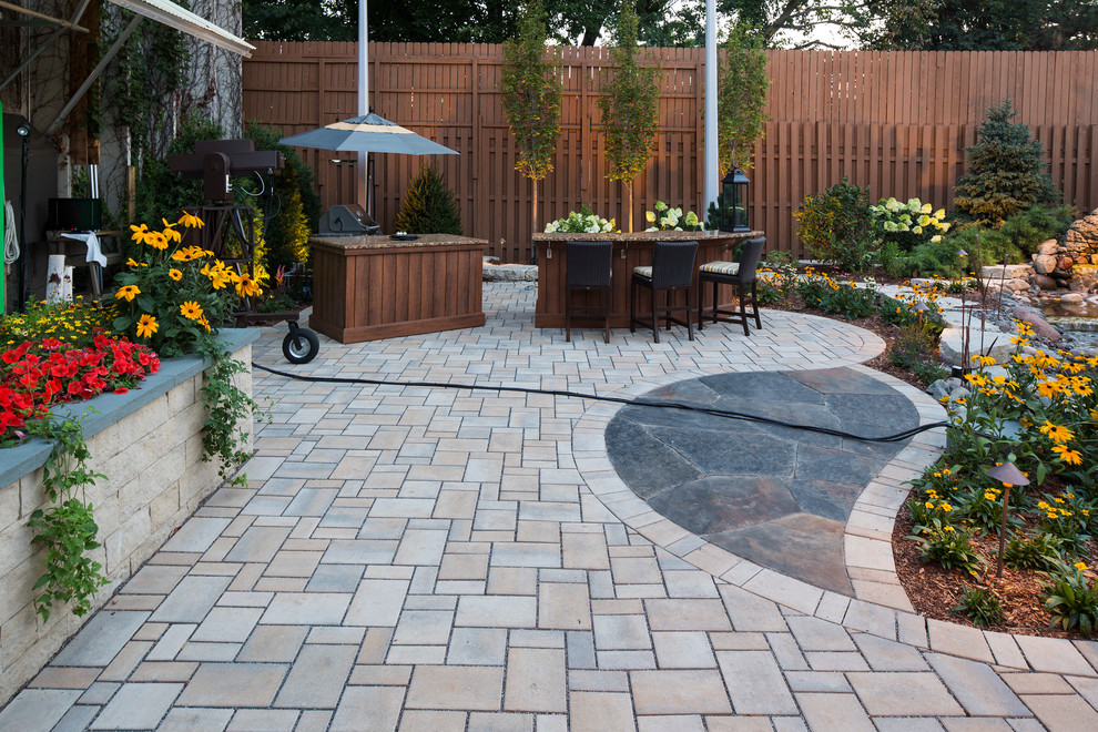 Design ideas for a large contemporary back formal partial sun garden in Minneapolis with brick paving.