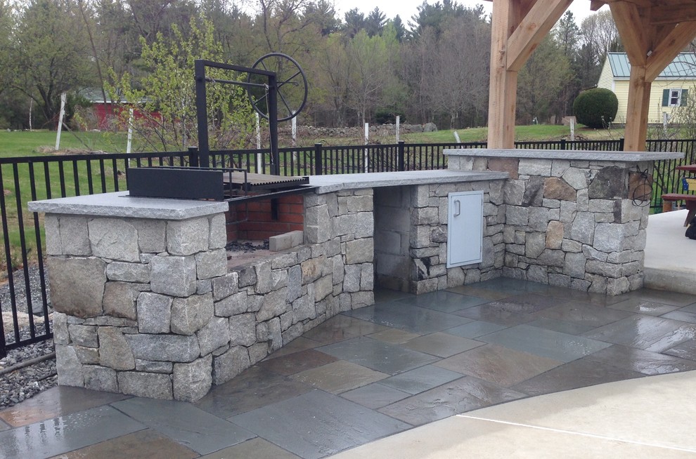 Outdoor Kitchen With Wood Grill, Stone Wall Outdoor Kitchen Design
