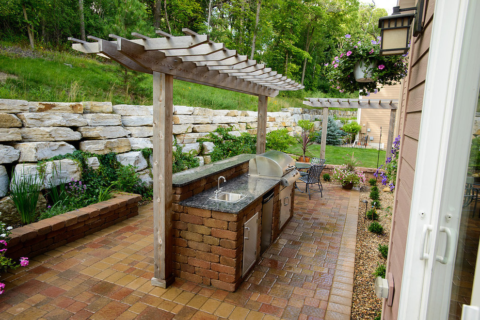 This is an example of a large transitional backyard brick retaining wall landscape in Other for summer.