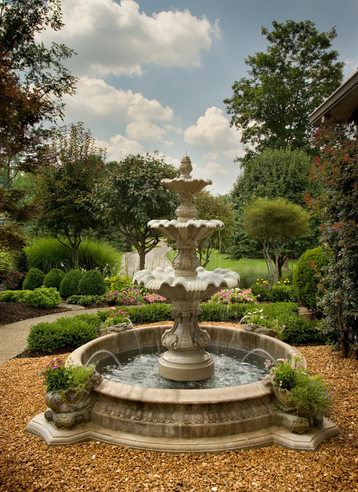 Inspiration för klassiska trädgårdar, med en fontän