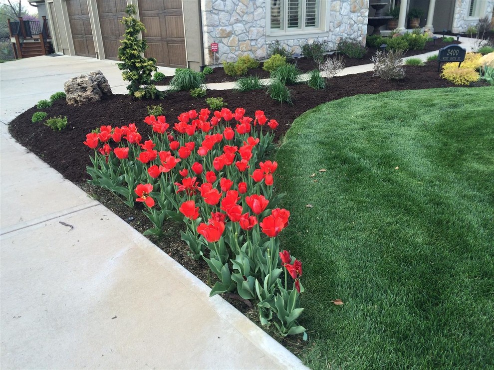Design ideas for a large traditional front full sun garden for spring in Kansas City with a retaining wall and mulch.