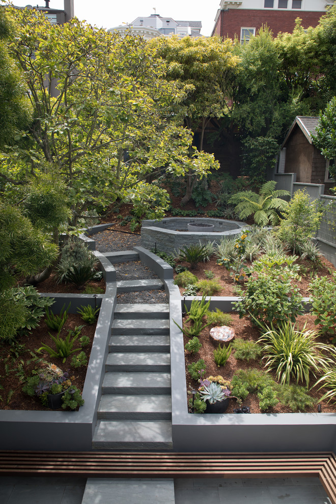 Ispirazione per un giardino xeriscape minimal esposto in pieno sole dietro casa e di medie dimensioni con pavimentazioni in pietra naturale e scale