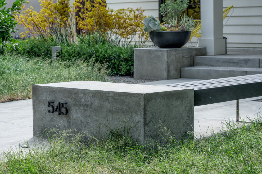 Стильный дизайн: участок и сад на переднем дворе в стиле модернизм с мощением тротуарной плиткой - последний тренд