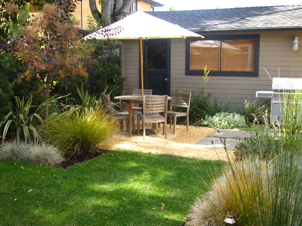 Diseño de jardín de secano moderno pequeño en patio trasero con gravilla y exposición parcial al sol