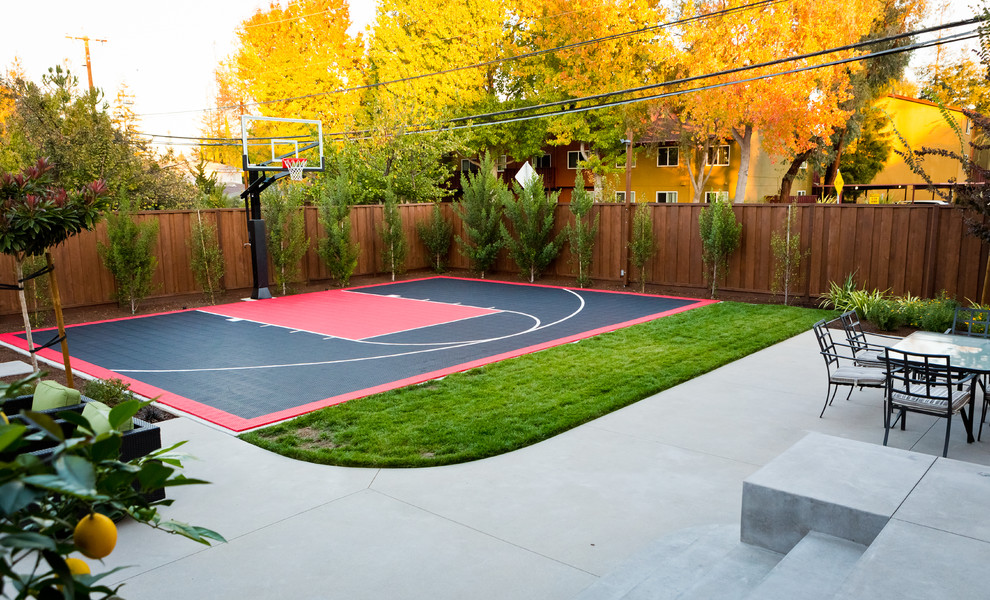 На фото: спортивная площадка среднего размера на заднем дворе в стиле модернизм с