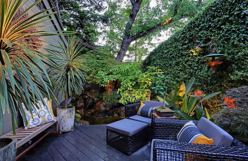 サクラメントにある高級な小さな、夏のコンテンポラリースタイルのおしゃれな庭 (壁面緑化、半日向、デッキ材舗装) の写真