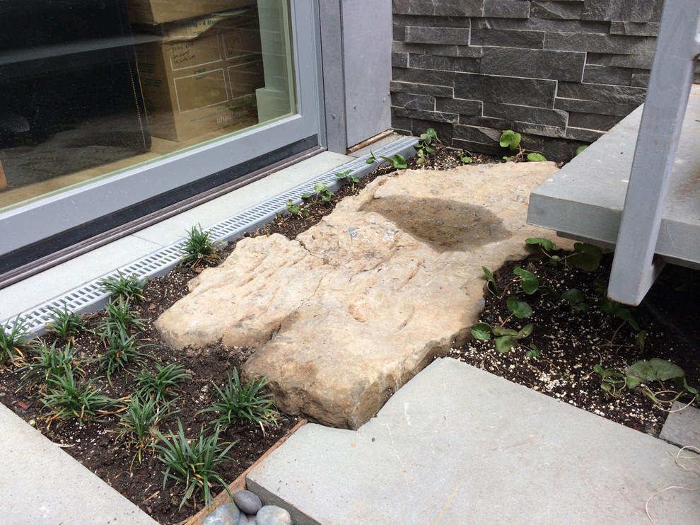 This is an example of a small contemporary back garden in New York with natural stone paving.