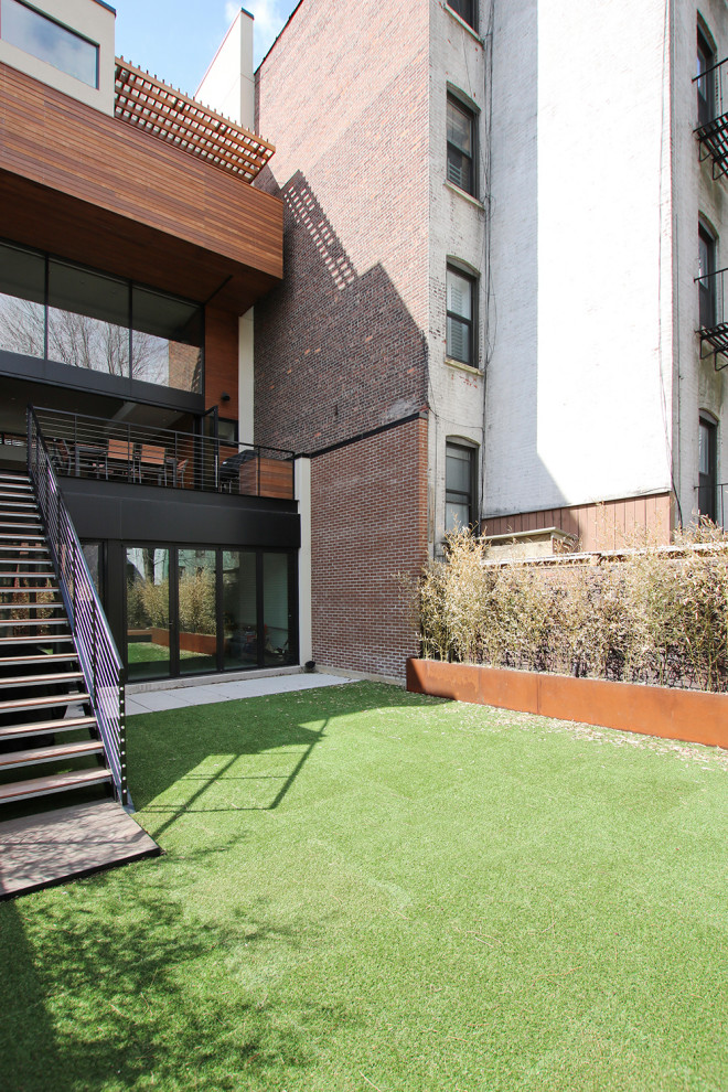 Kleiner, Halbschattiger Moderner Garten hinter dem Haus mit Sichtschutz und Betonboden in New York