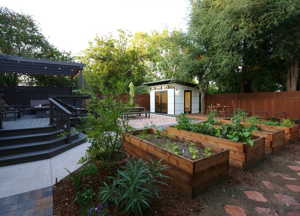 Inspiration för mellanstora moderna trädgårdar i delvis sol på sommaren, med en köksträdgård och trädäck