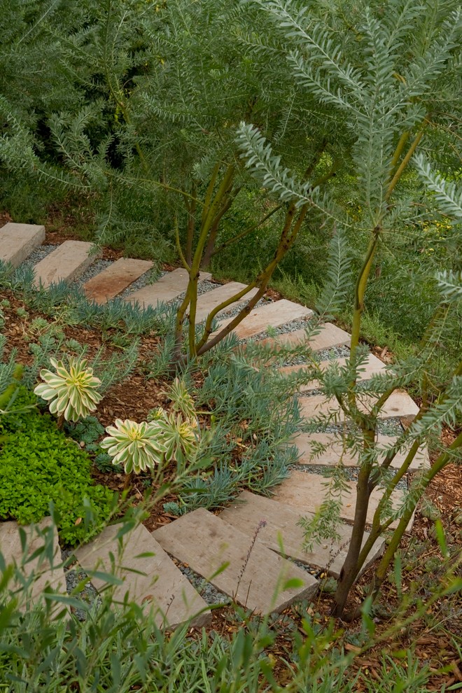 Идея дизайна: участок и сад на склоне в современном стиле с покрытием из каменной брусчатки