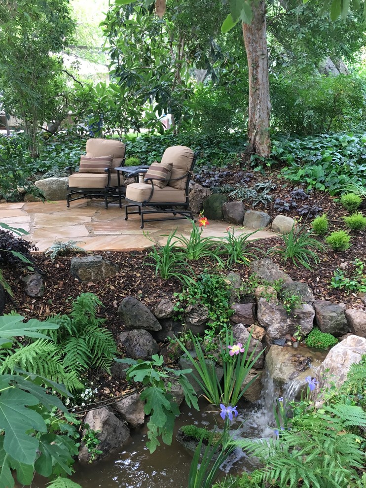This is an example of a mid-sized rustic drought-tolerant backyard stone pond in Los Angeles.