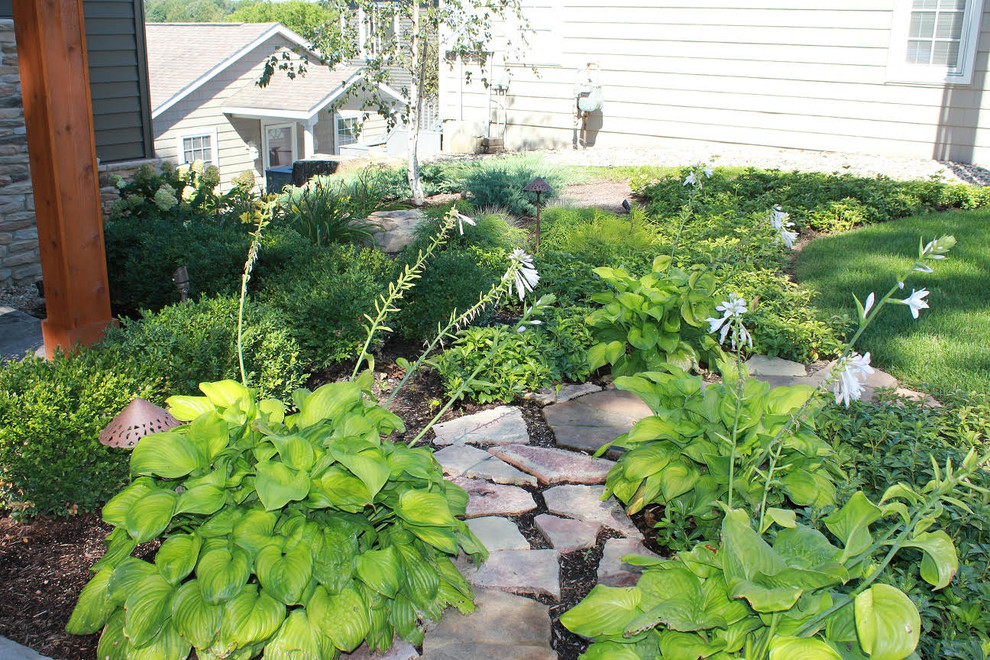 Diseño de camino de jardín de estilo americano de tamaño medio en patio trasero con jardín francés, exposición total al sol y mantillo
