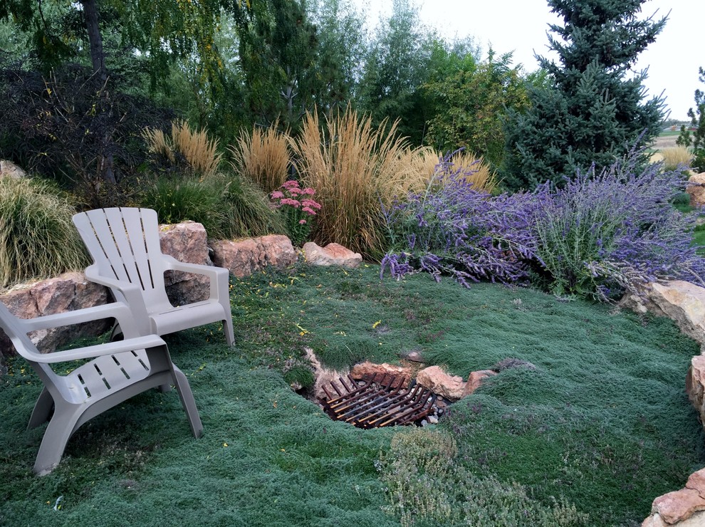 Imagen de jardín de secano tradicional extra grande en patio trasero con brasero, exposición total al sol y adoquines de piedra natural