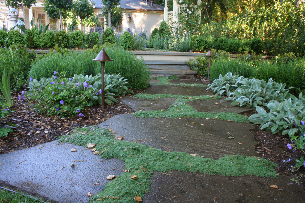 Foto di un giardino tradizionale dietro casa con pavimentazioni in pietra naturale e scale