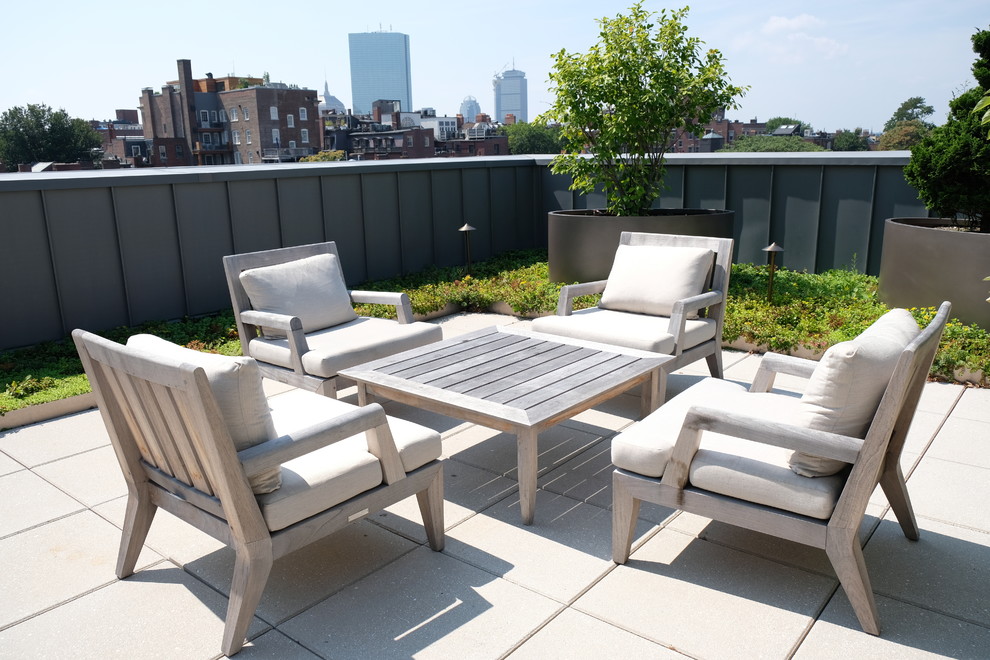 Kleiner Moderner Dachgarten im Sommer mit Kübelpflanzen, direkter Sonneneinstrahlung und Betonboden in Boston