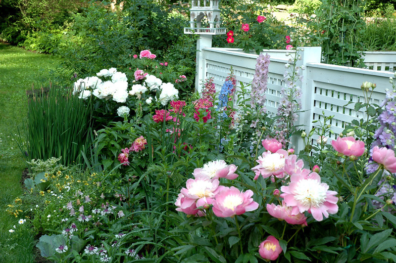 Imagen de camino de jardín clásico grande en patio trasero con jardín francés y mantillo