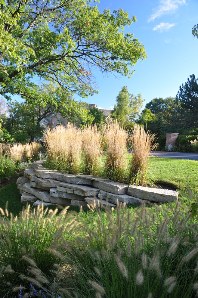 Immagine di un giardino design con un muro di contenimento