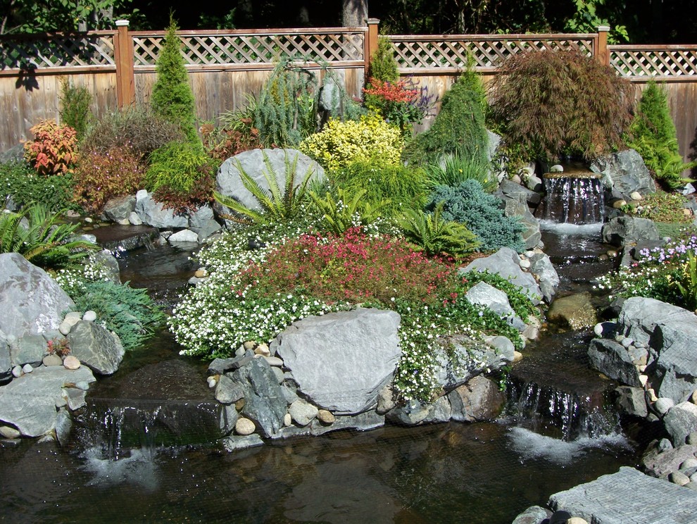 Imagen de jardín ecléctico en patio trasero con exposición total al sol, adoquines de hormigón y estanque