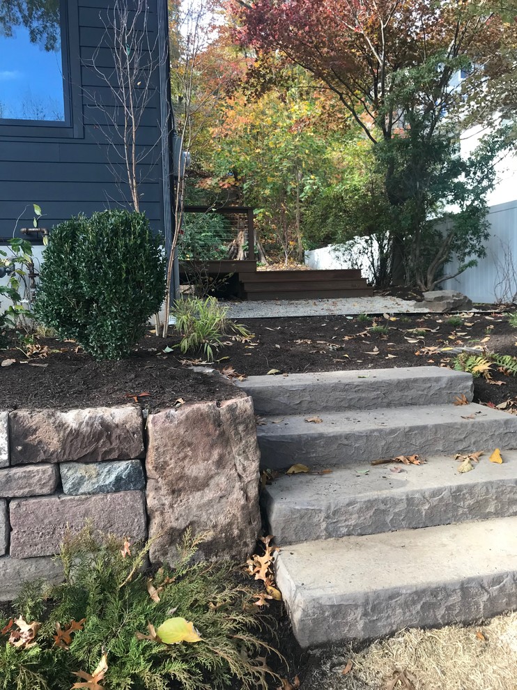 Small scandinavian sloped xeriscape fully shaded garden for autumn in New York with a retaining wall and gravel.