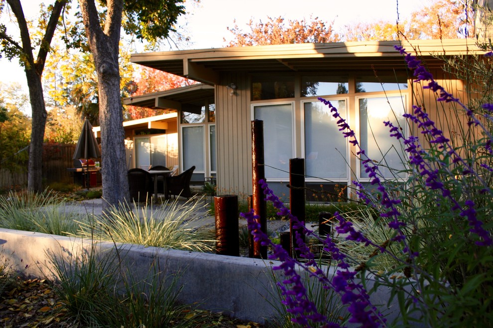 Photo of a midcentury back xeriscape garden in Sacramento with a water feature.