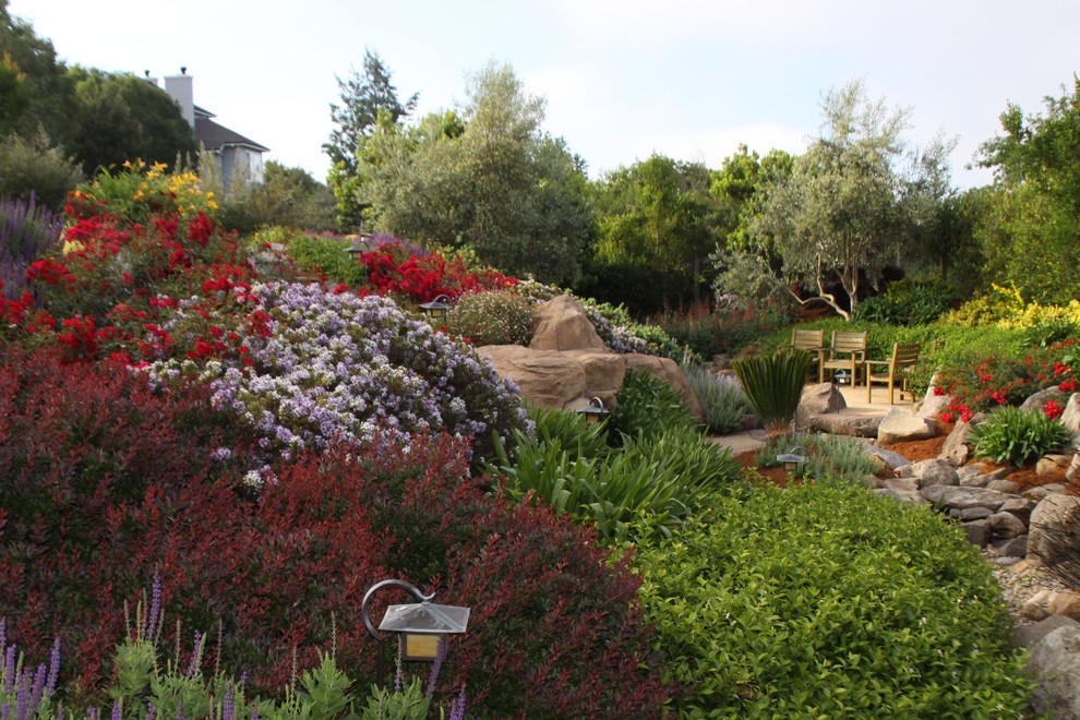 На фото: большой солнечный, летний участок и сад на заднем дворе в классическом стиле с хорошей освещенностью с