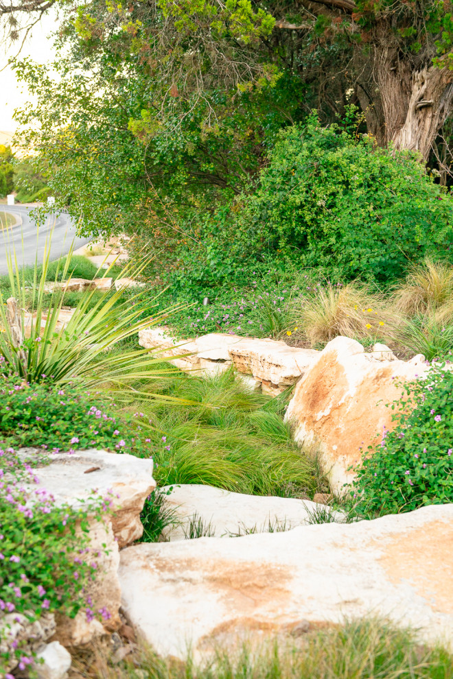 Geräumiger Mediterraner Hanggarten mit Wüstengarten, direkter Sonneneinstrahlung und Flusssteinen in Austin