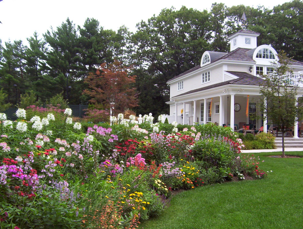 Photo of a classic back full sun garden for summer in Boston with a flowerbed.