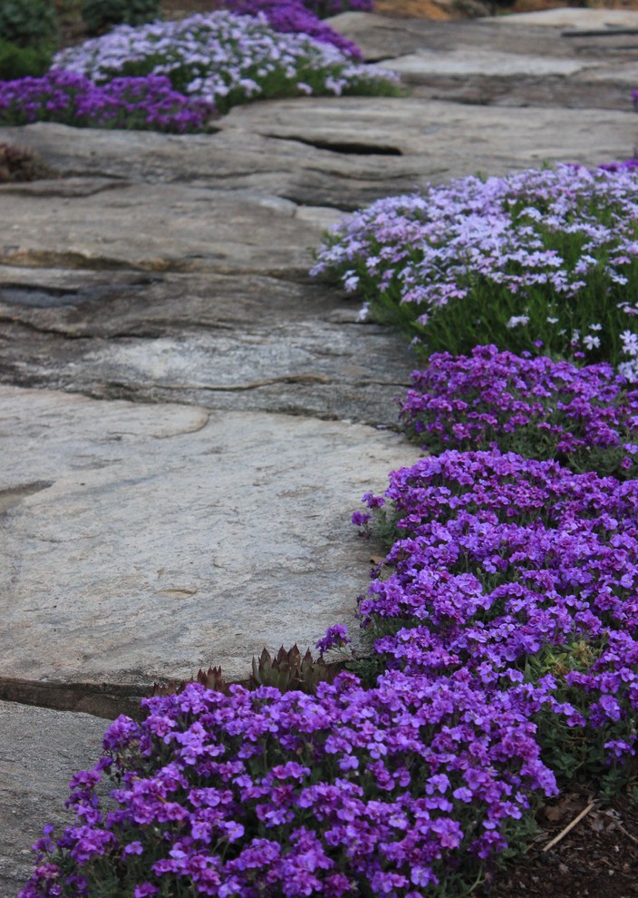 Immagine di un giardino tradizionale davanti casa in primavera con pavimentazioni in pietra naturale