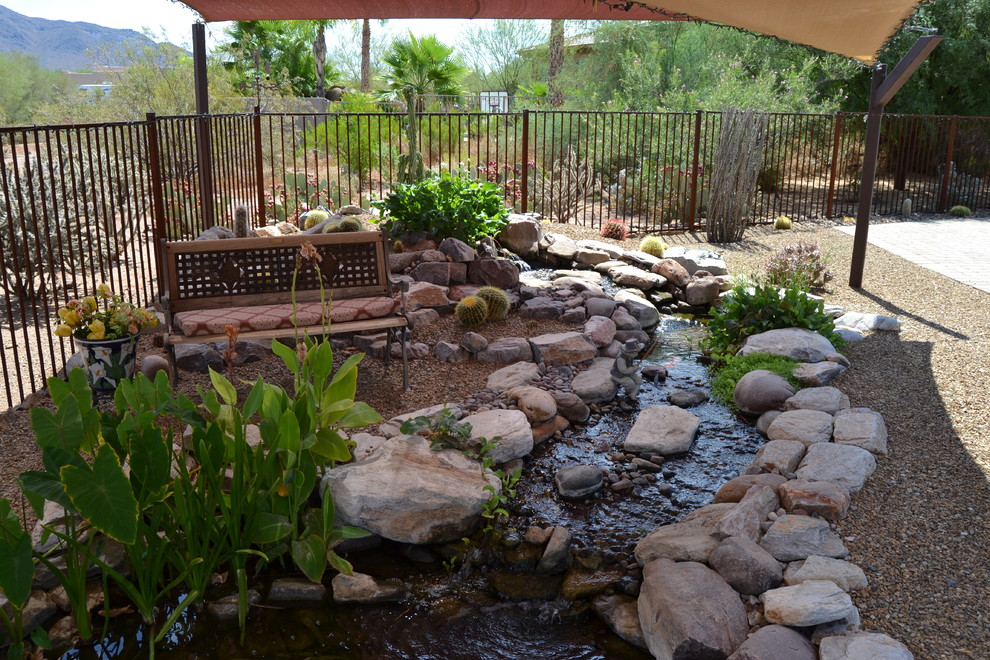 Cette photo montre un grand jardin arrière sud-ouest américain avec un bassin et une exposition ensoleillée.
